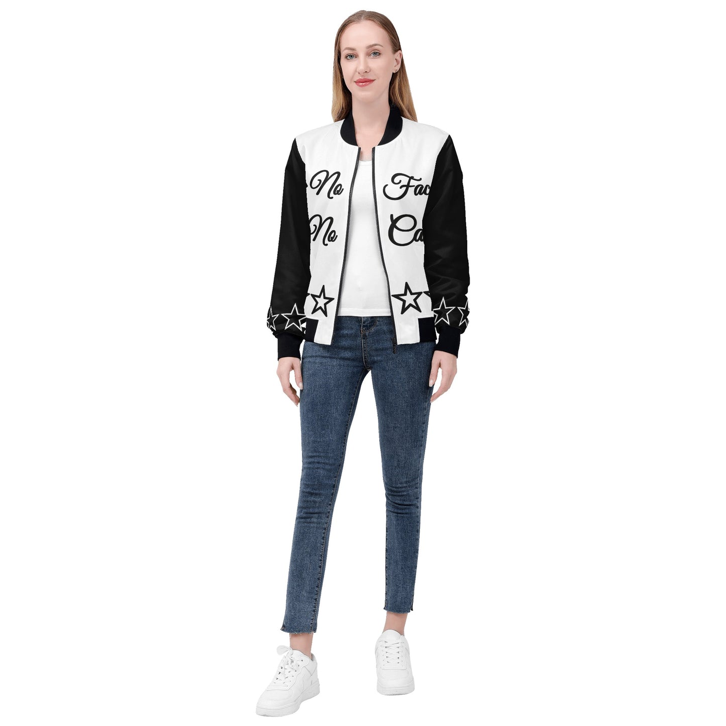 No Face, No Case Womens White Zip Up Jacket