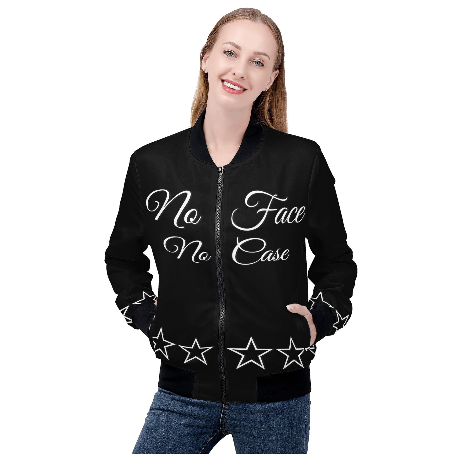 No Face, No Case Womens Black Zip Up Jacket