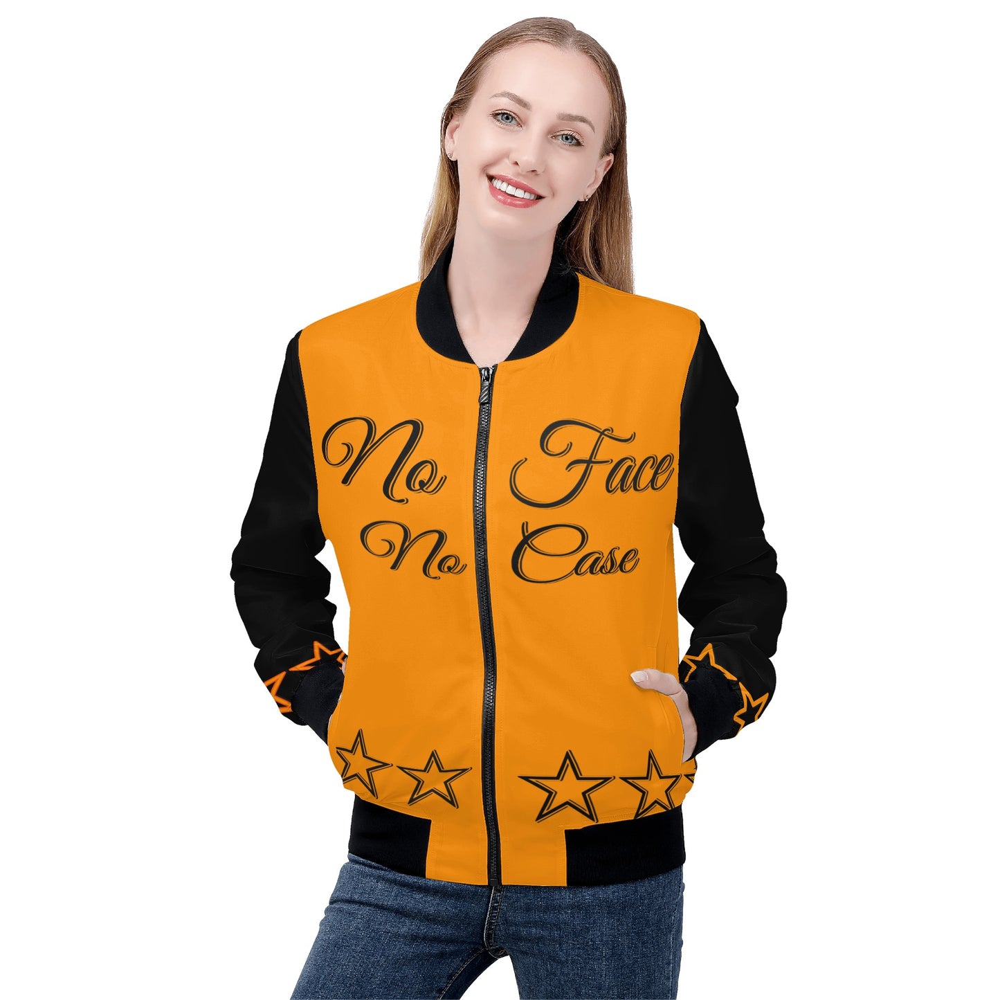 No Face, No Case Womens Orange Zip Up Jacket