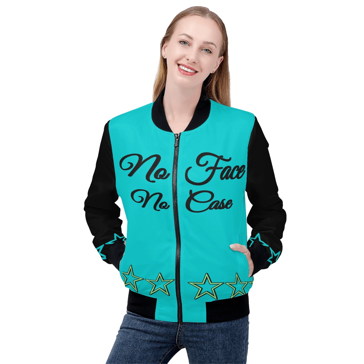 No Face, No Case Womens Turquoise Zip Up Jacket