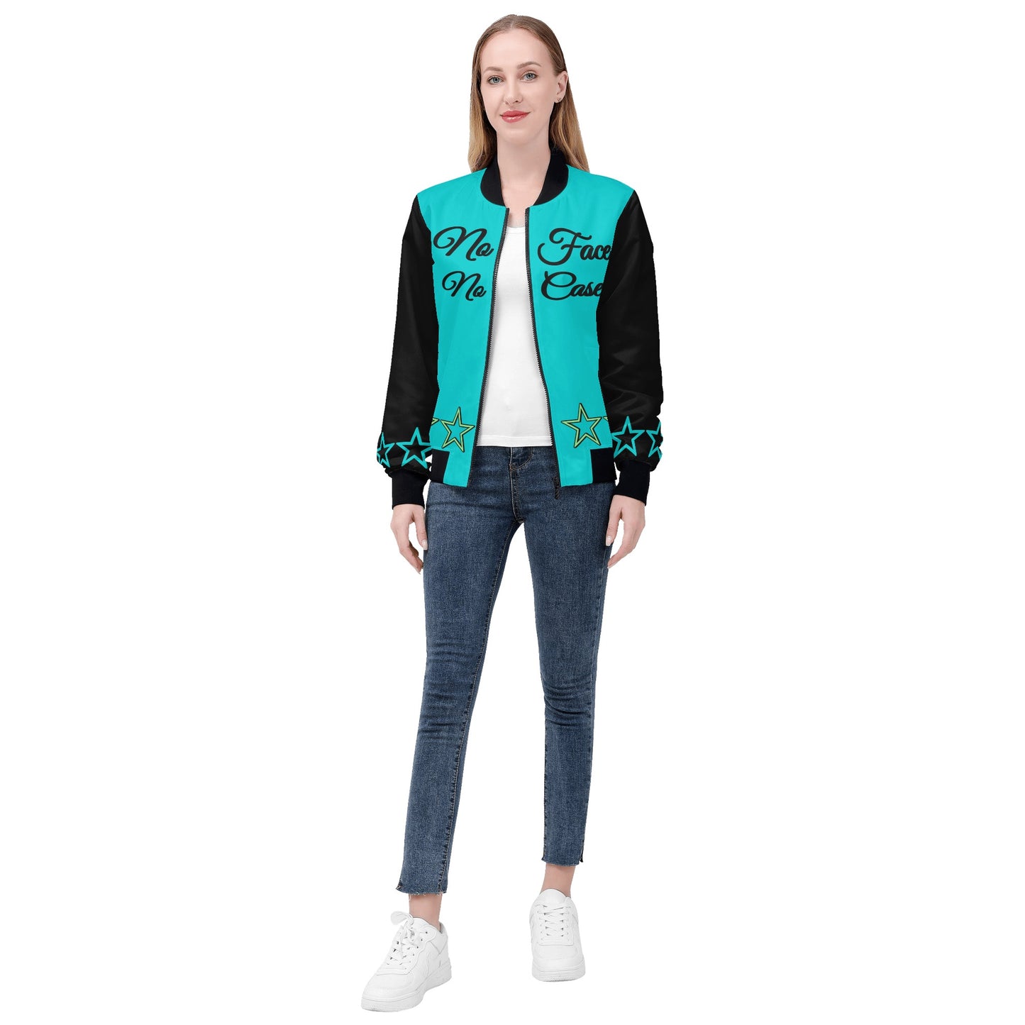 No Face, No Case Womens Turquoise Zip Up Jacket