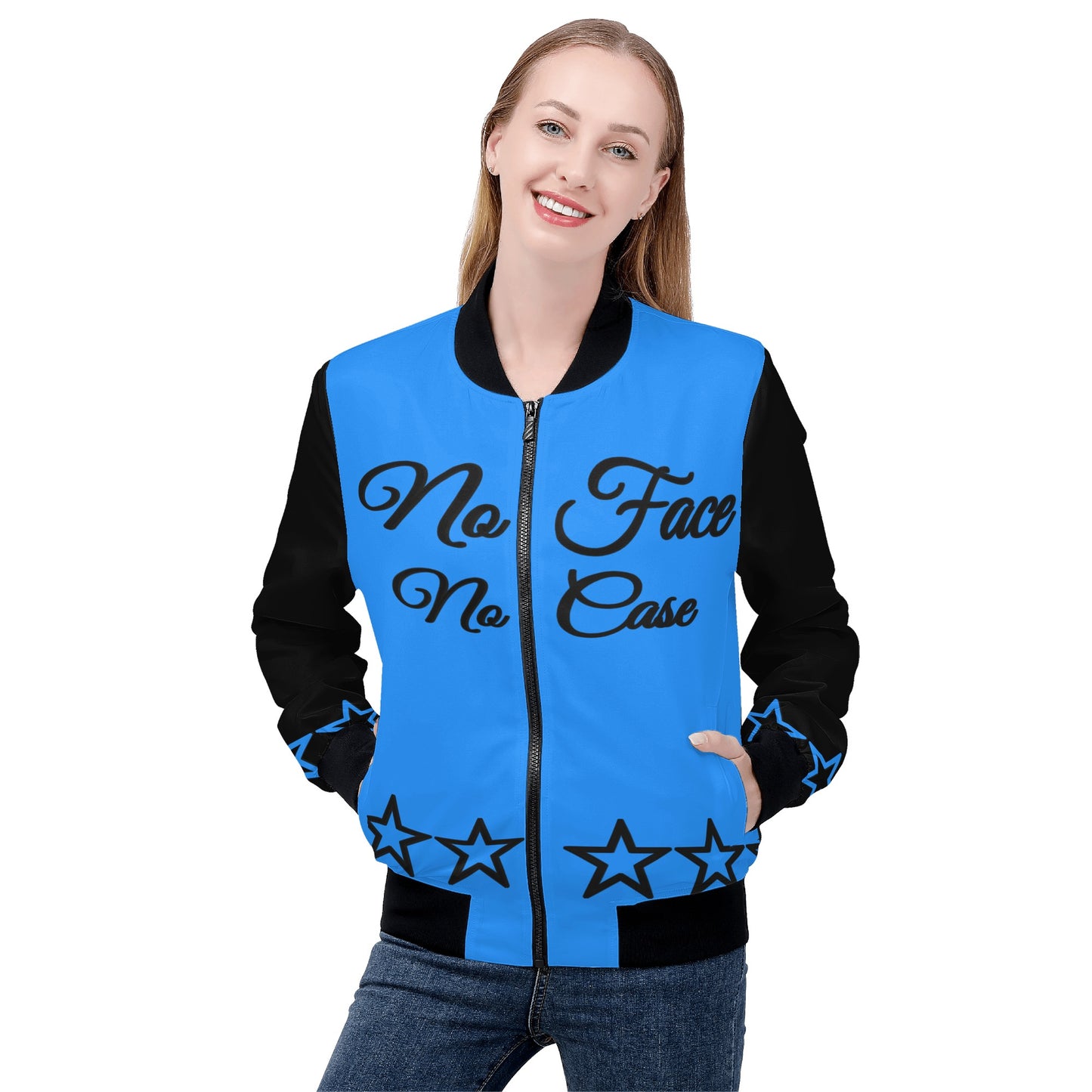 No Face, No Case Womens Blue Zip Up Jacket