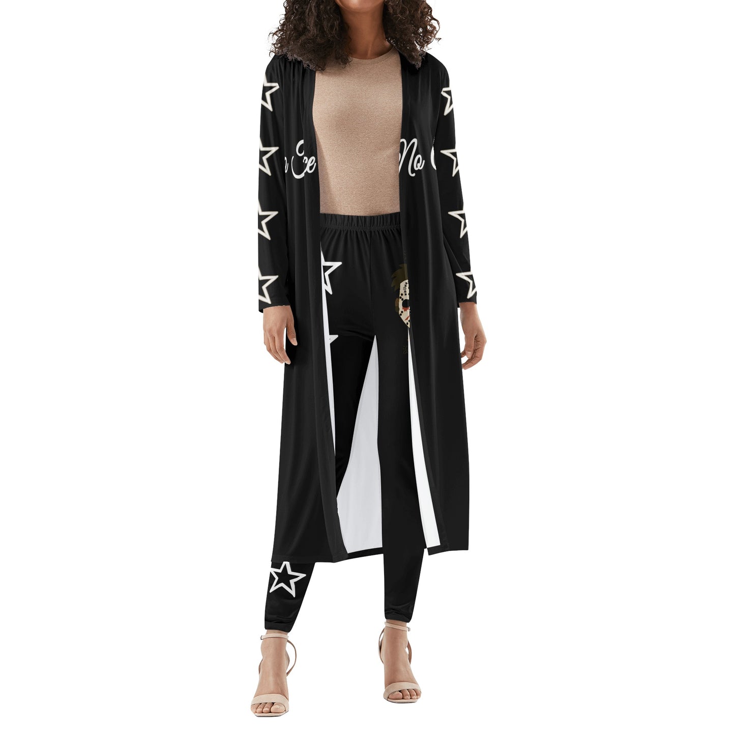 No Face, No Case Womens Black Long Sleeve Cardigan and Leggings 2pcs