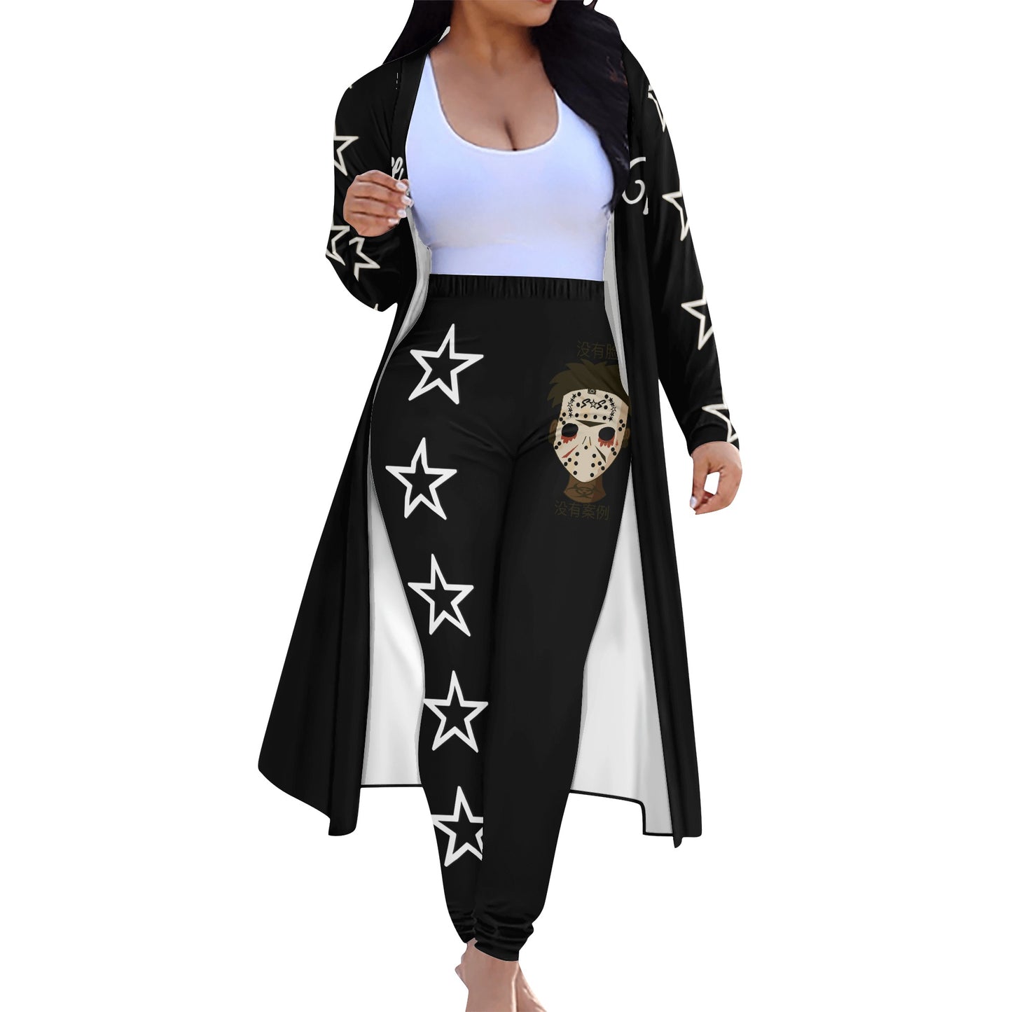 No Face, No Case Womens Black Long Sleeve Cardigan and Leggings 2pcs