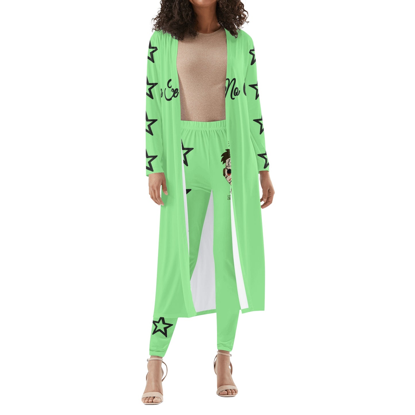 No Face, No Case Womens Mint Green Long Sleeve Cardigan and Leggings 2pcs