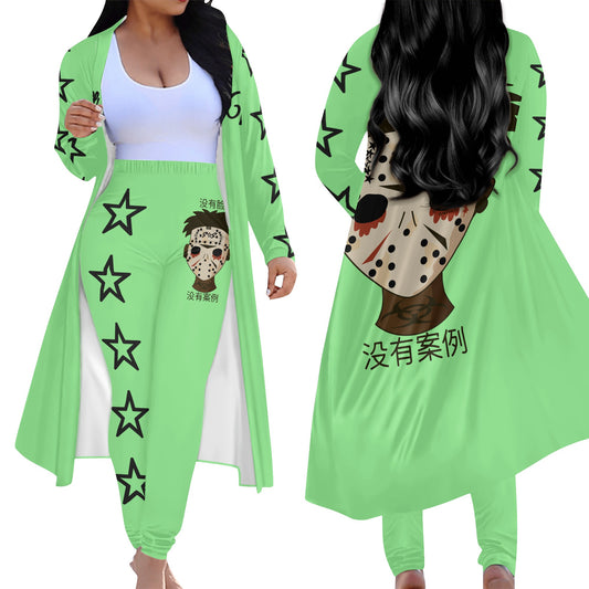 No Face, No Case Womens Mint Green Long Sleeve Cardigan and Leggings 2pcs