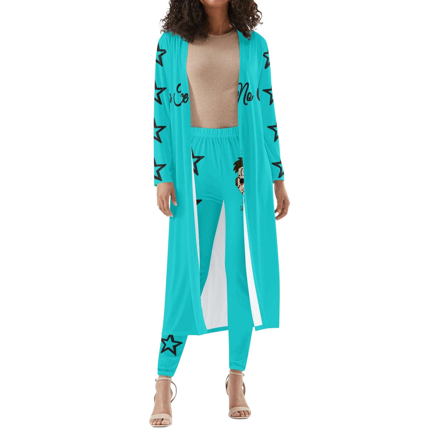 No Face, No Case Womens Turquoise Long Sleeve Cardigan and Leggings 2pcs