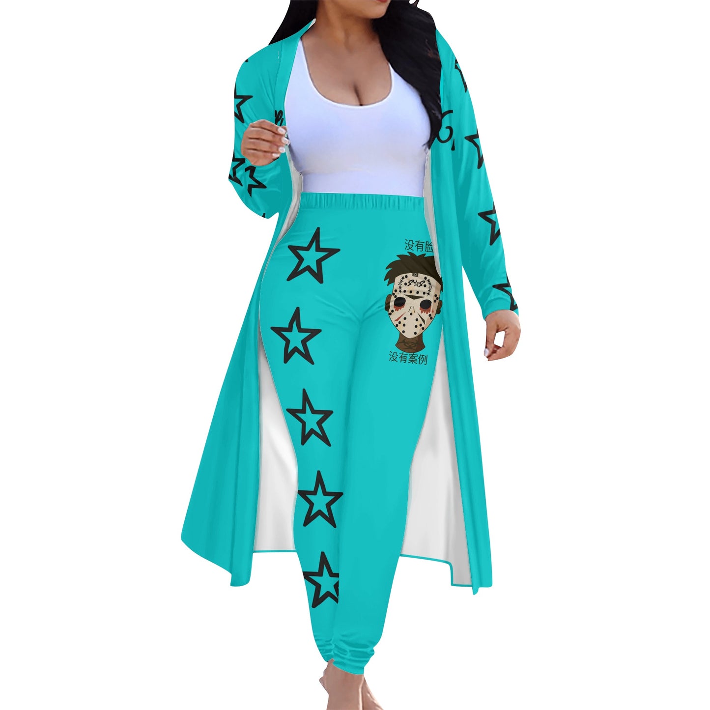 No Face, No Case Womens Turquoise Long Sleeve Cardigan and Leggings 2pcs