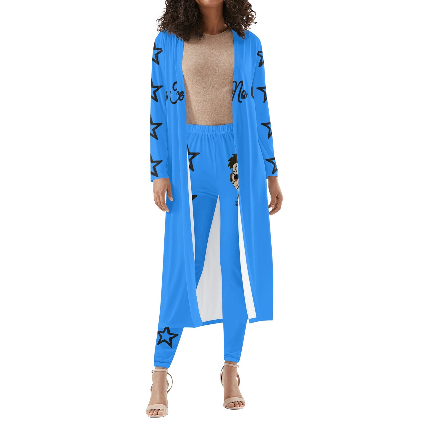 No Face, No Case Womens Blue Long Sleeve Cardigan and Leggings 2pcs