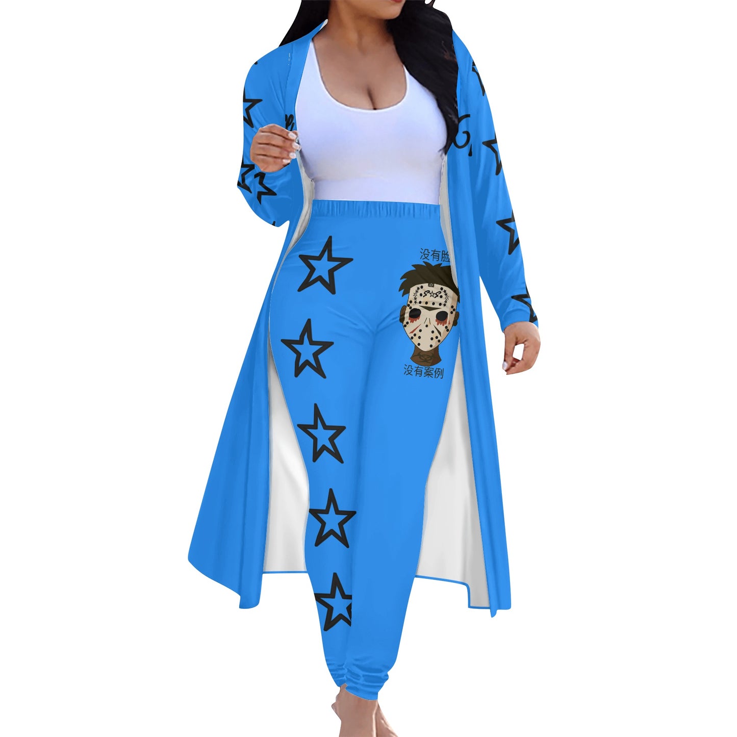 No Face, No Case Womens Blue Long Sleeve Cardigan and Leggings 2pcs