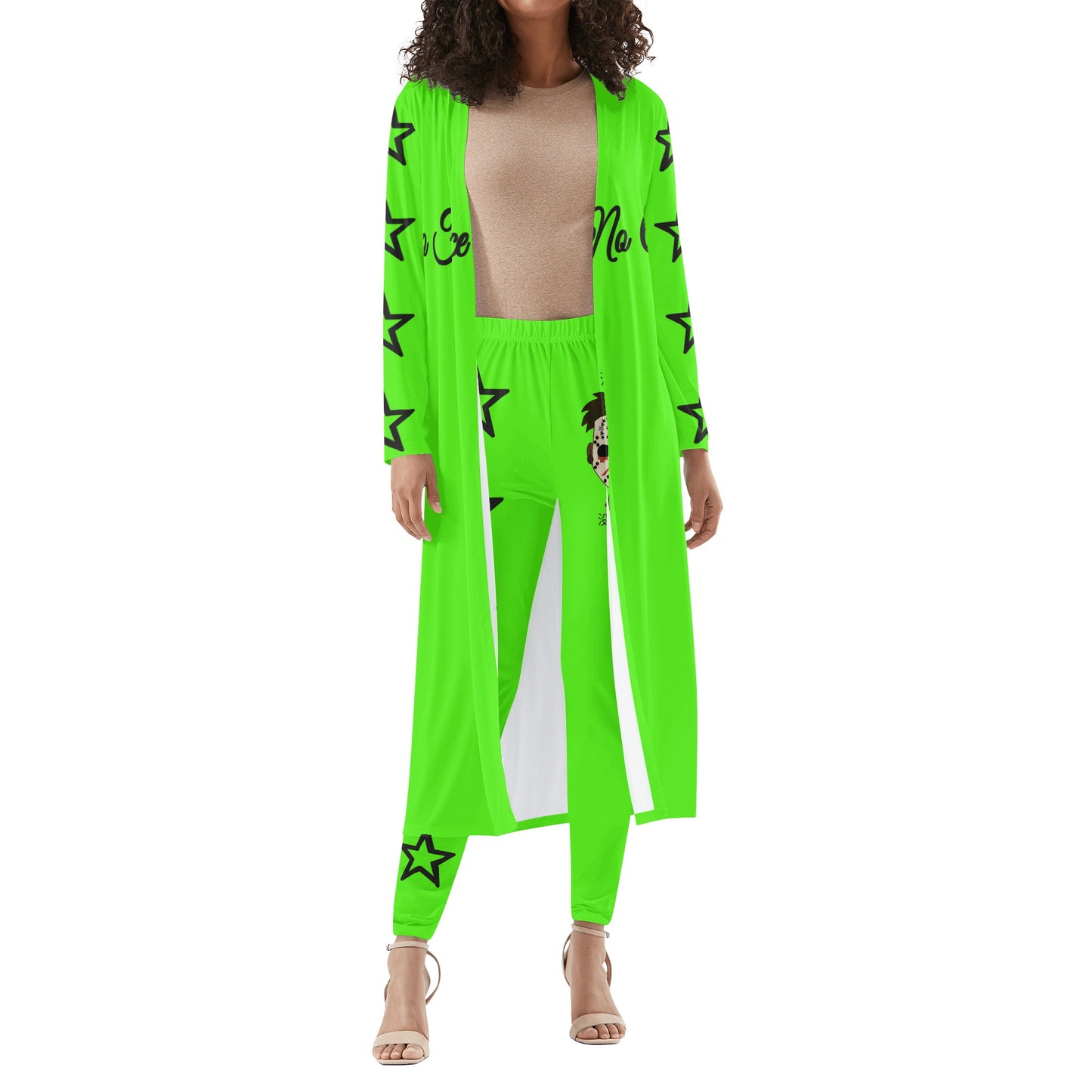 No Face, No Case Womens Goo Green Long Sleeve Cardigan and Leggings 2pcs