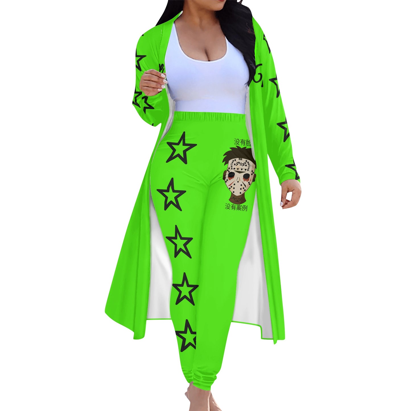 No Face, No Case Womens Goo Green Long Sleeve Cardigan and Leggings 2pcs