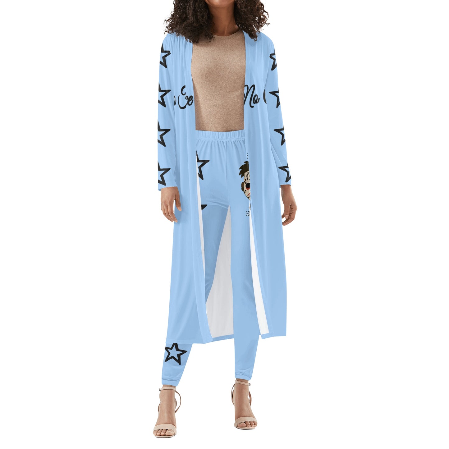 No Face, No Case Womens Sky Blue Long Sleeve Cardigan and Leggings 2pcs