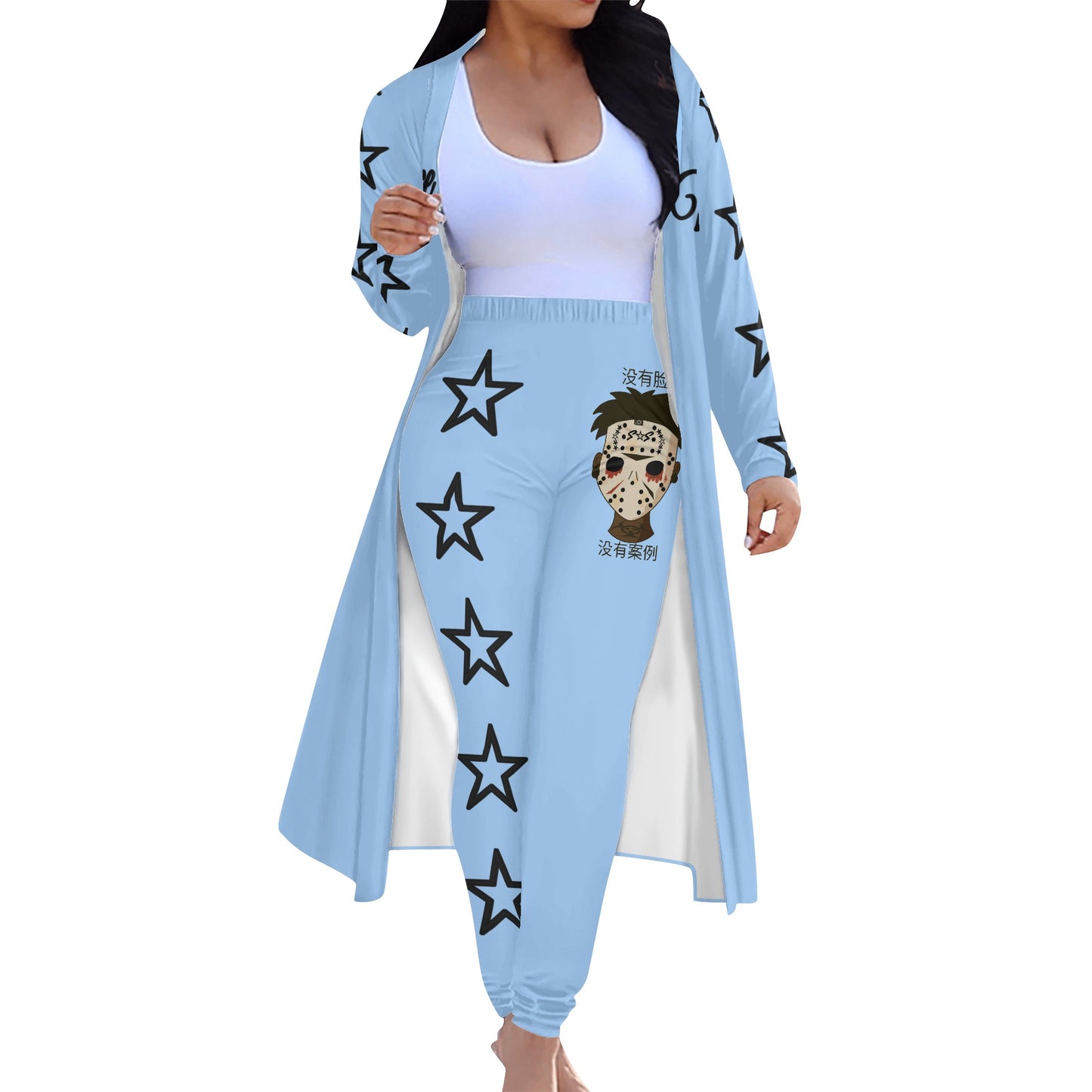 No Face, No Case Womens Sky Blue Long Sleeve Cardigan and Leggings 2pcs