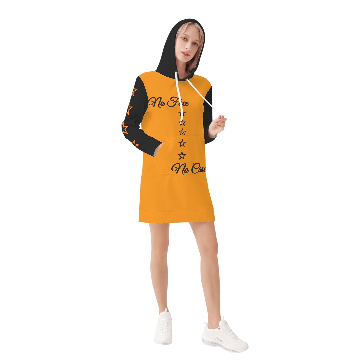 No Face, No Case Womens Orange Hoodie Dress