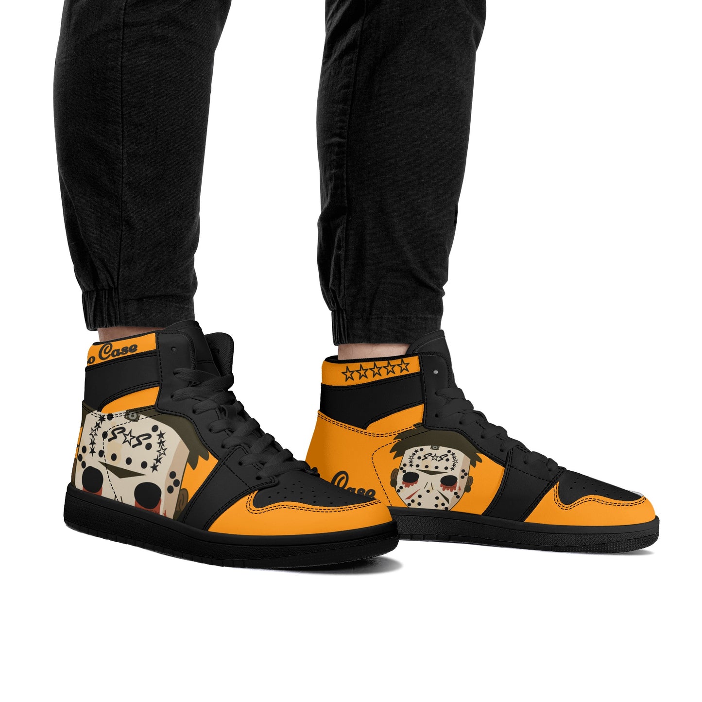 No Face, No Case Mens Orange/Black High Top Leather Star Kicks