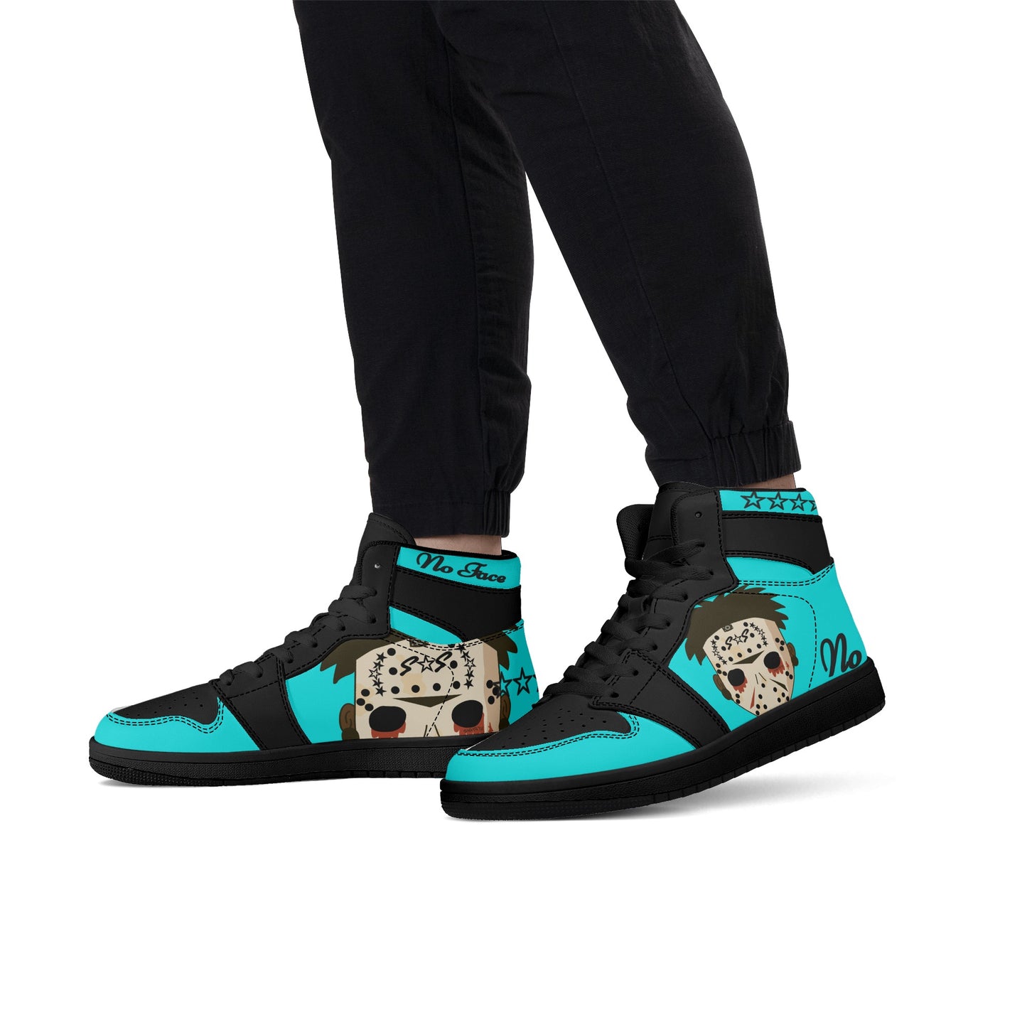 No Face, No Case Mens Turquoise/Black High Top Leather Star Kicks