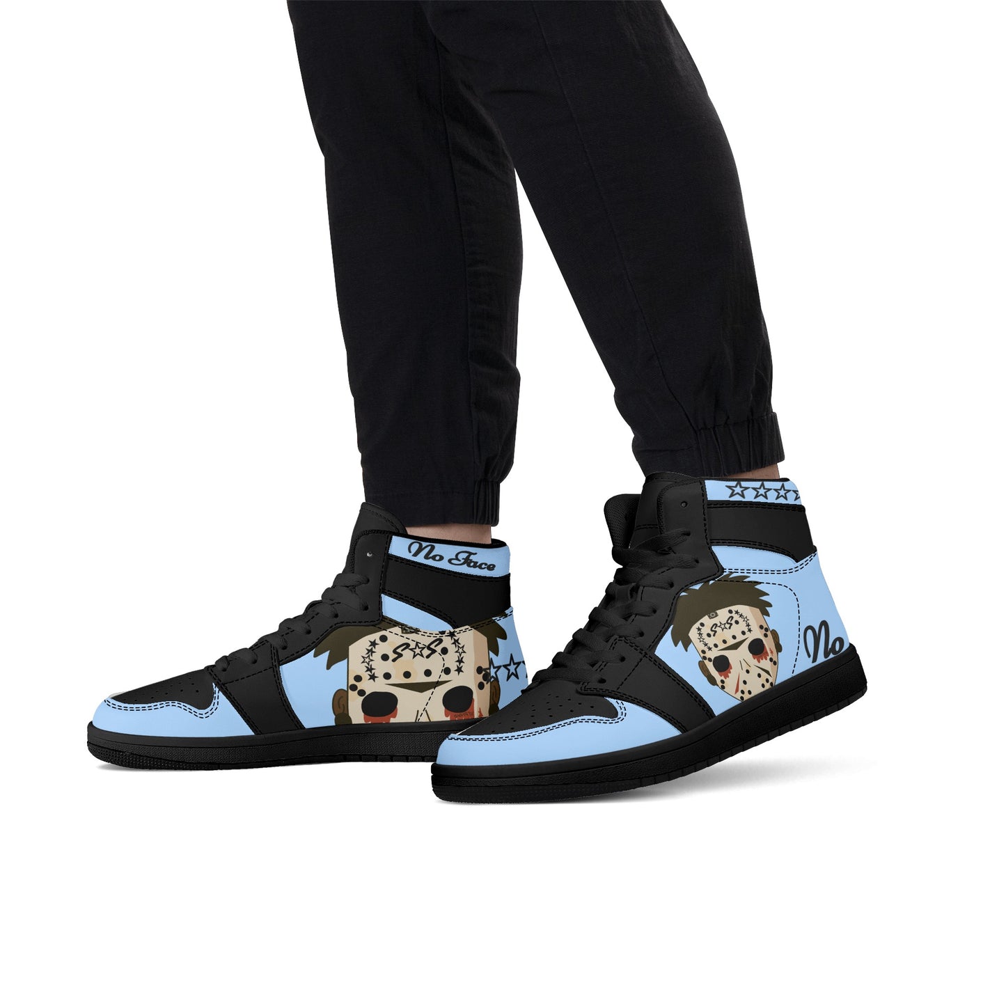 No Face, No Case Mens Sky Blue/Black High Top Leather Star Kicks