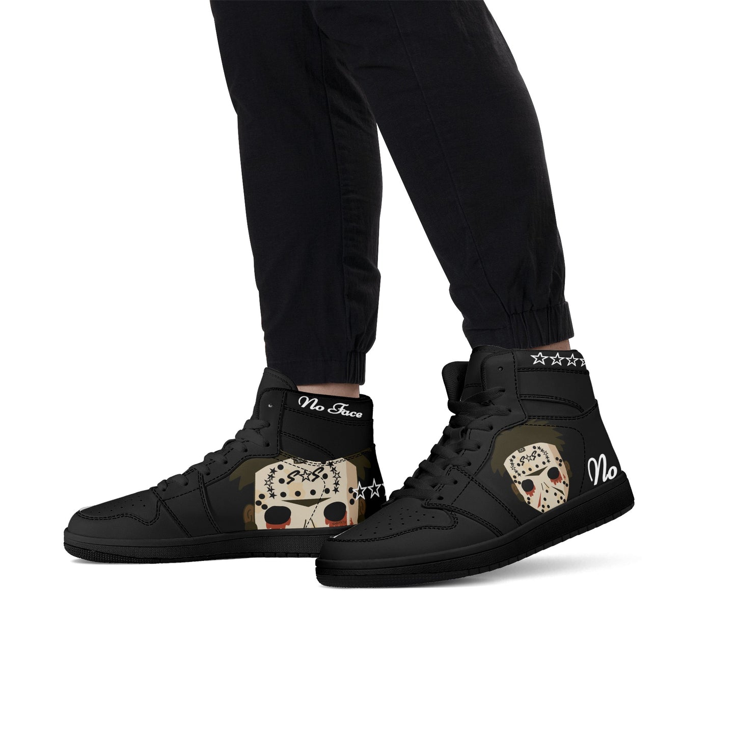 No Face, No Case Mens Black/Black High Top Leather Star Kicks