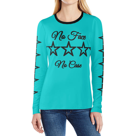 No Face, No Case Turquoise Womens Long Sleeve T Shirt