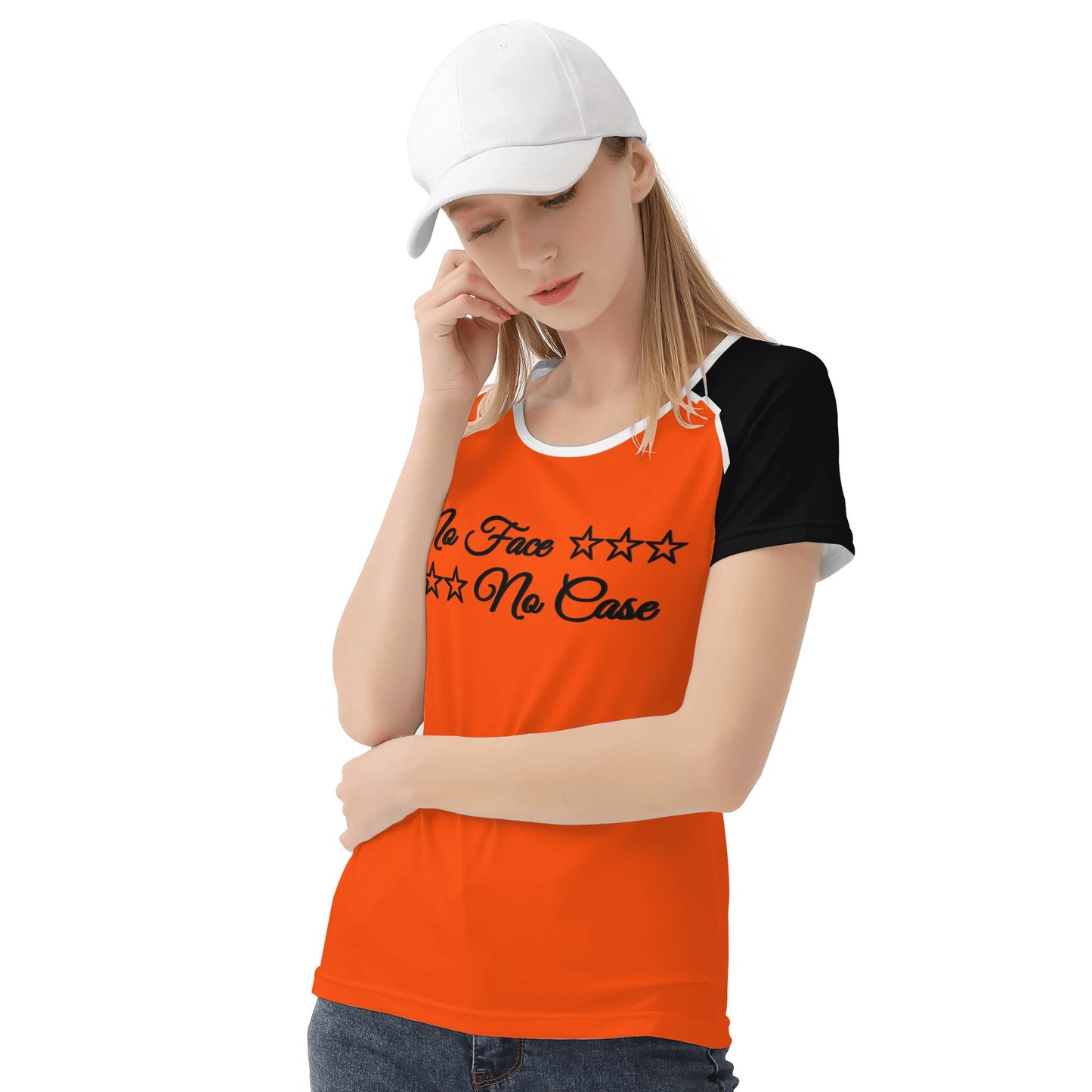 No Face, No Case Dark Orange Womens T shirt