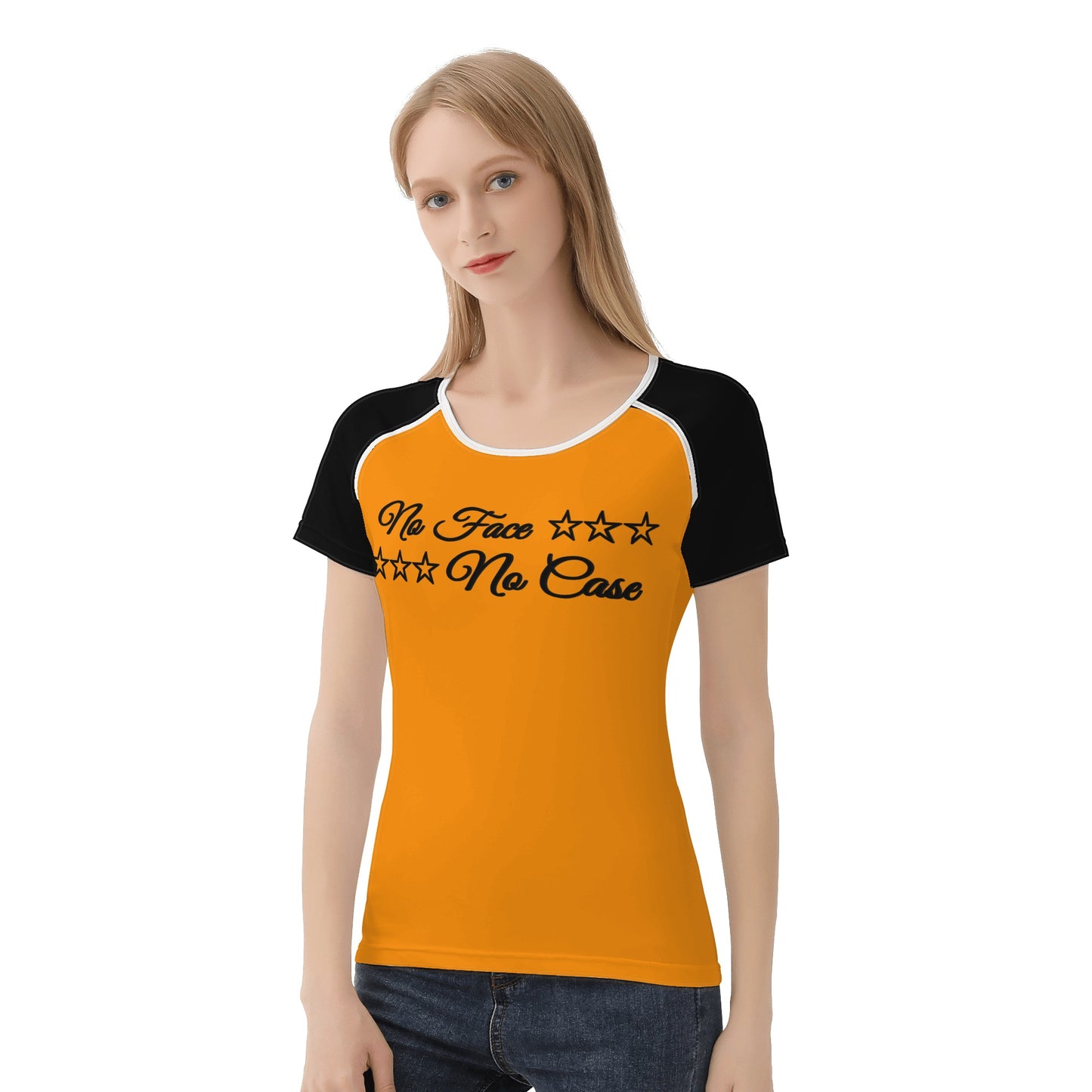 No Face, No Case Orange Womens T shirt