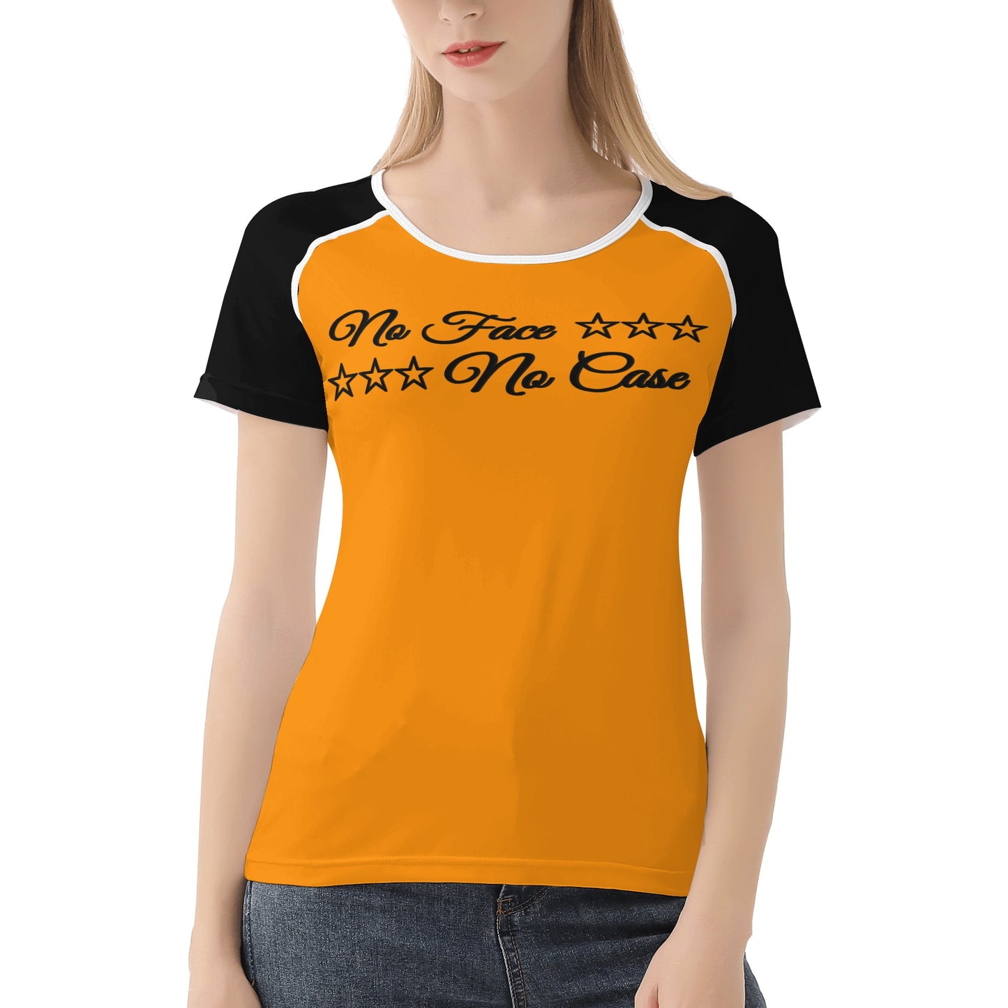 No Face, No Case Orange Womens T shirt