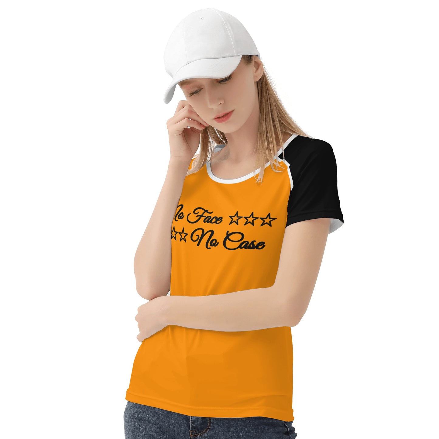 No Face, No Case Orange Womens T shirt