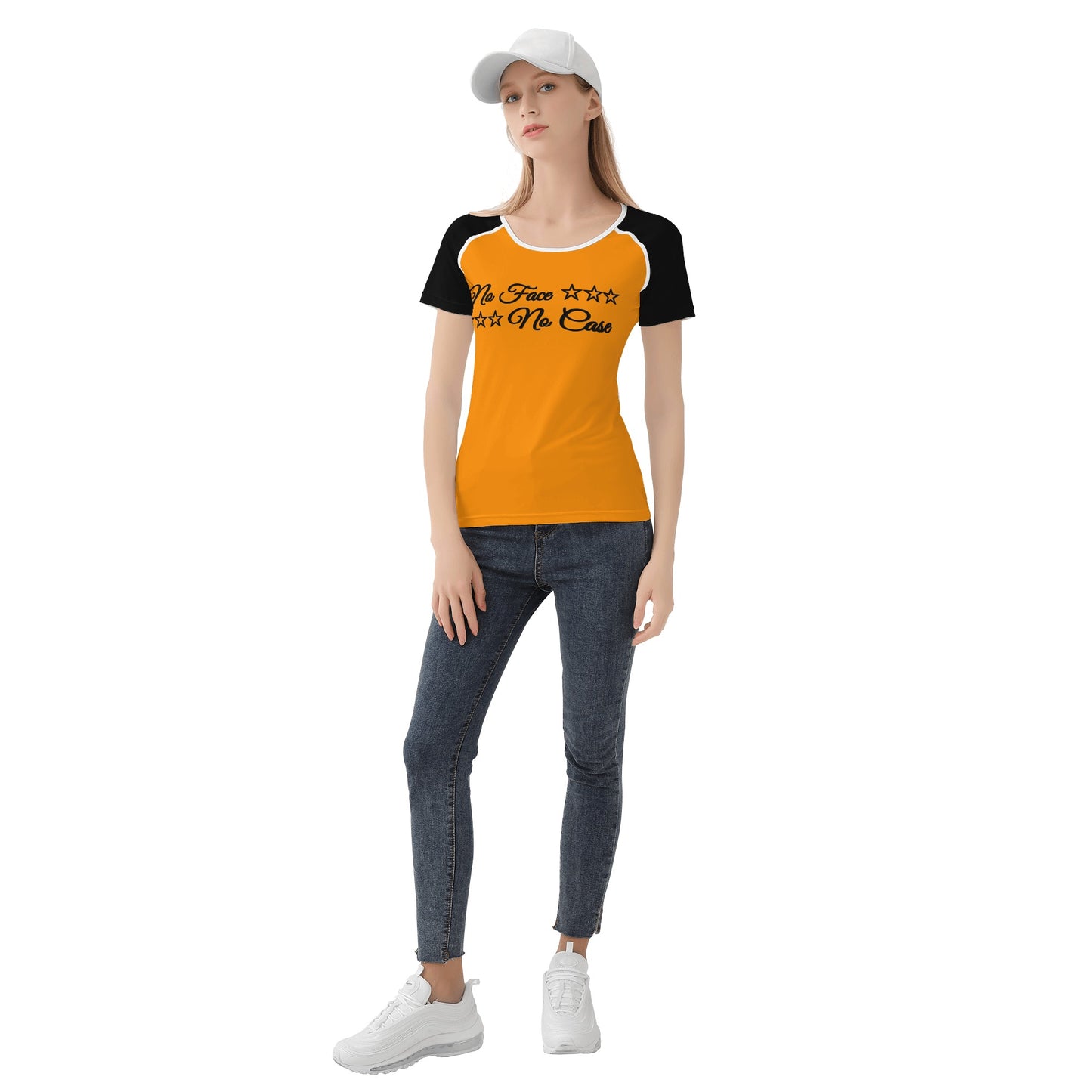 No Face, No Case Orange Womens T shirt