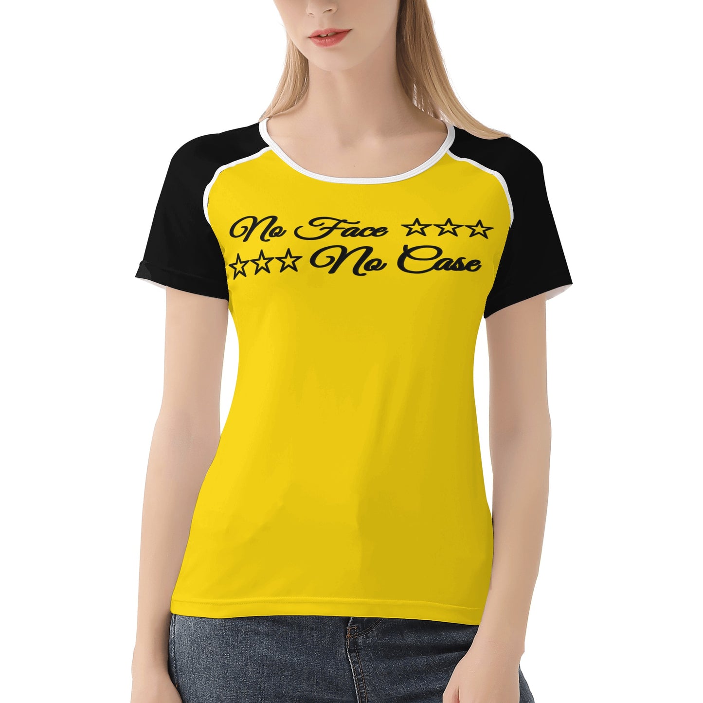 No Face, No Case Gold Womens T shirt