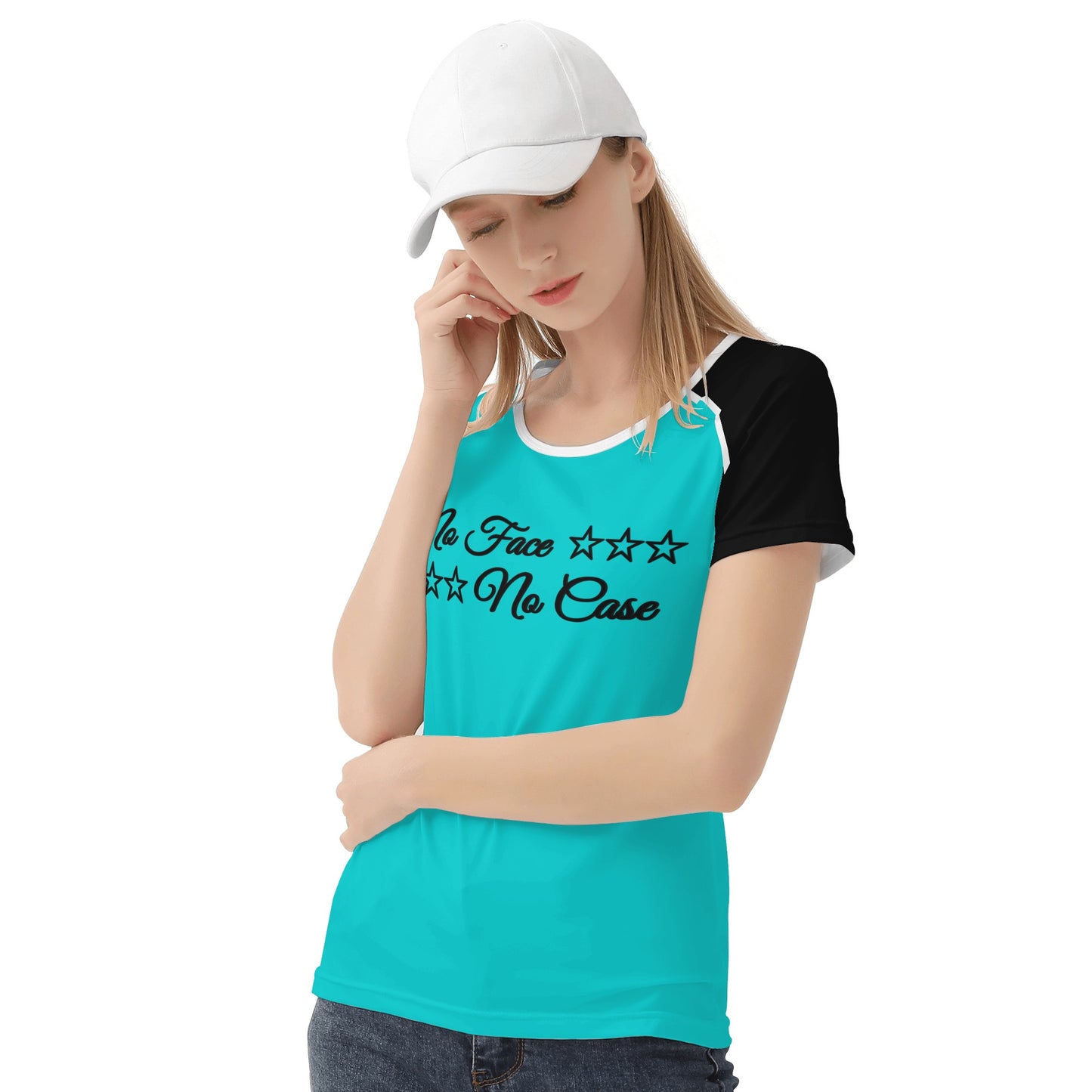 No Face, No Case Turquoise Womens T shirt