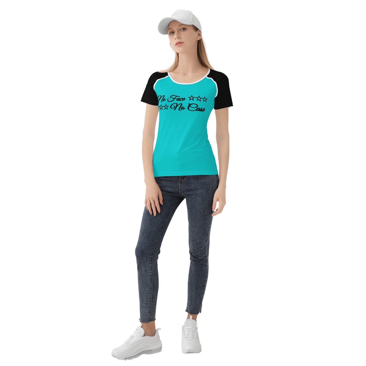 No Face, No Case Turquoise Womens T shirt