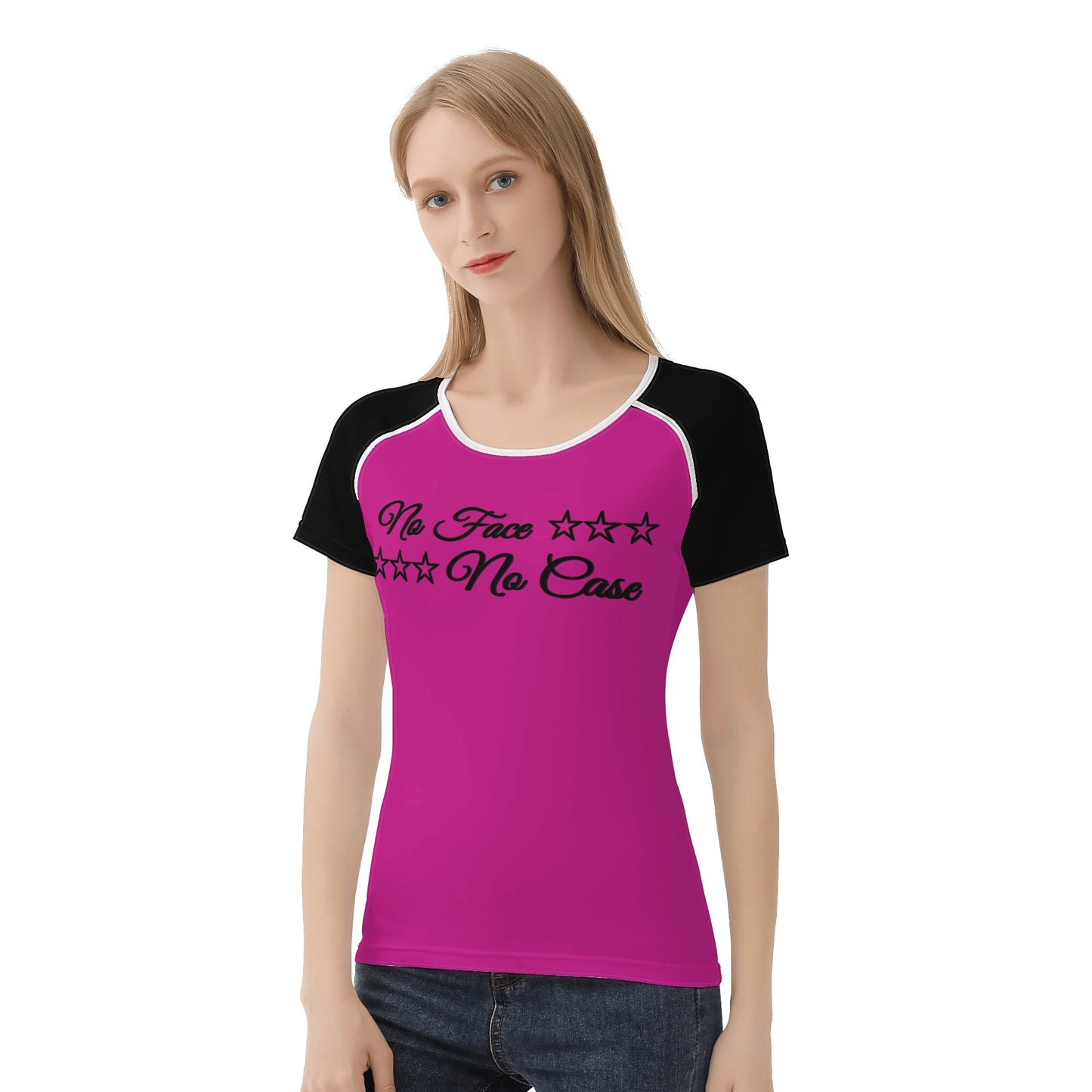 No Face, No Case Purple Womens T shirt