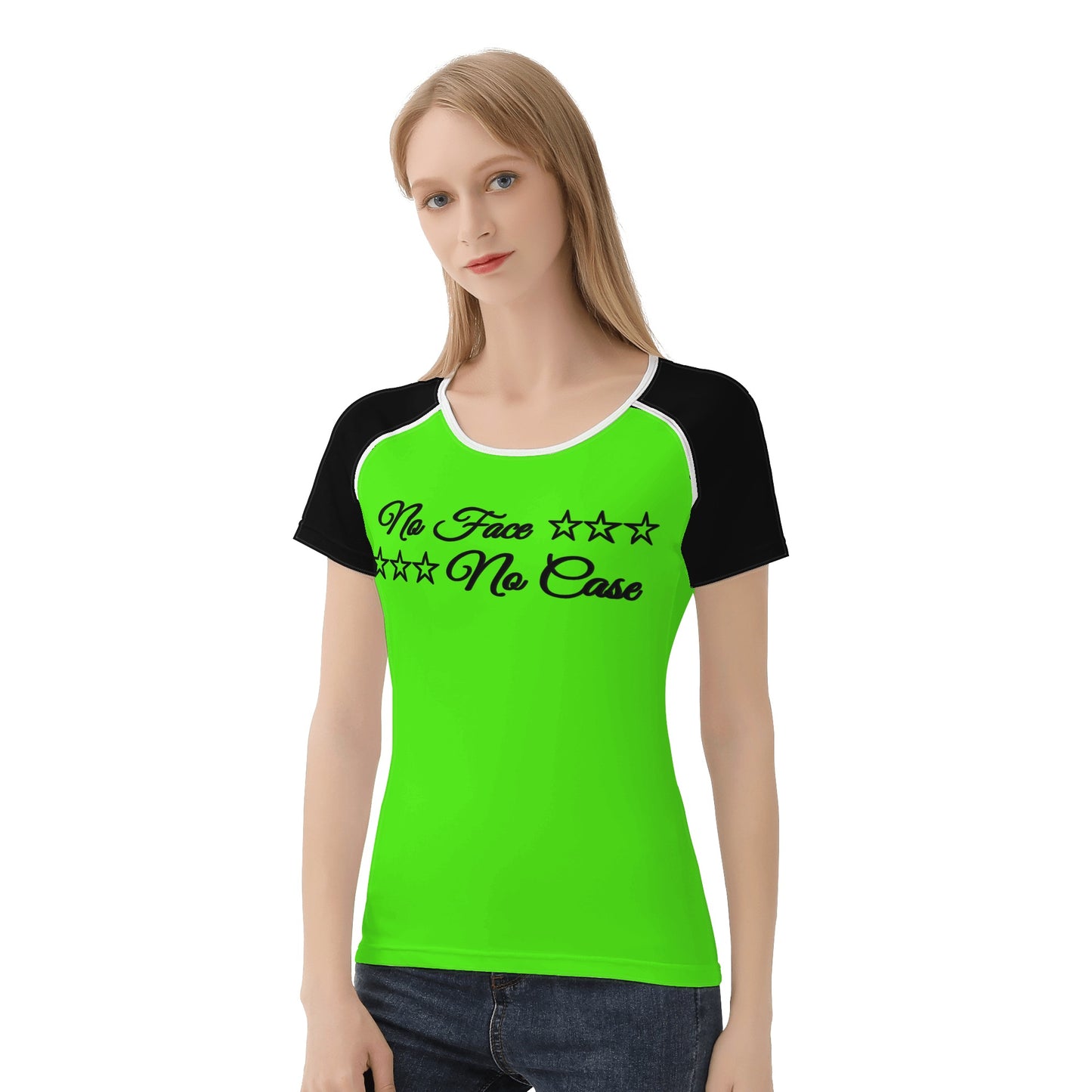 No Face, No Case Goo Green Womens T shirt