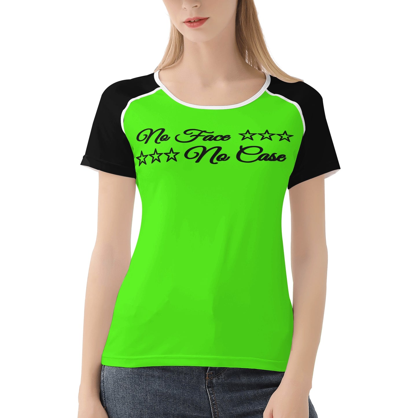 No Face, No Case Goo Green Womens T shirt