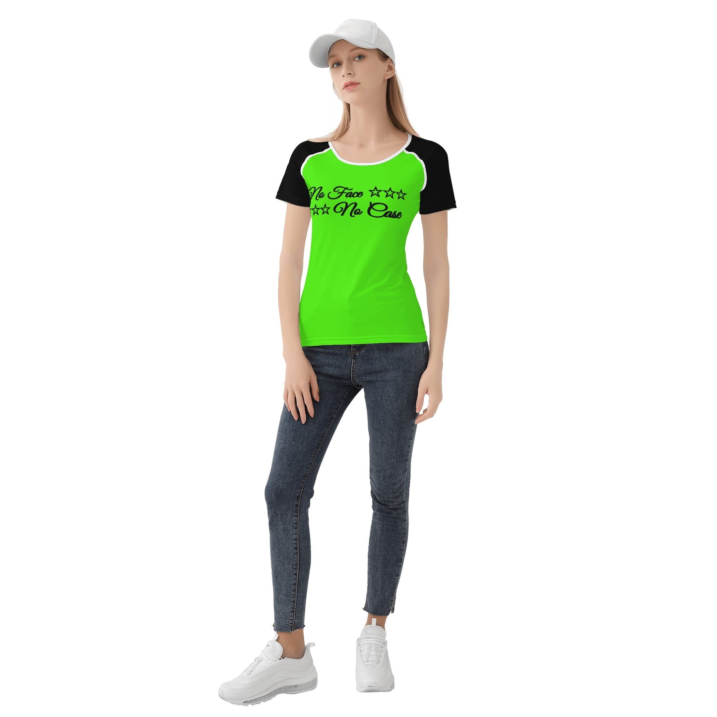 No Face, No Case Goo Green Womens T shirt