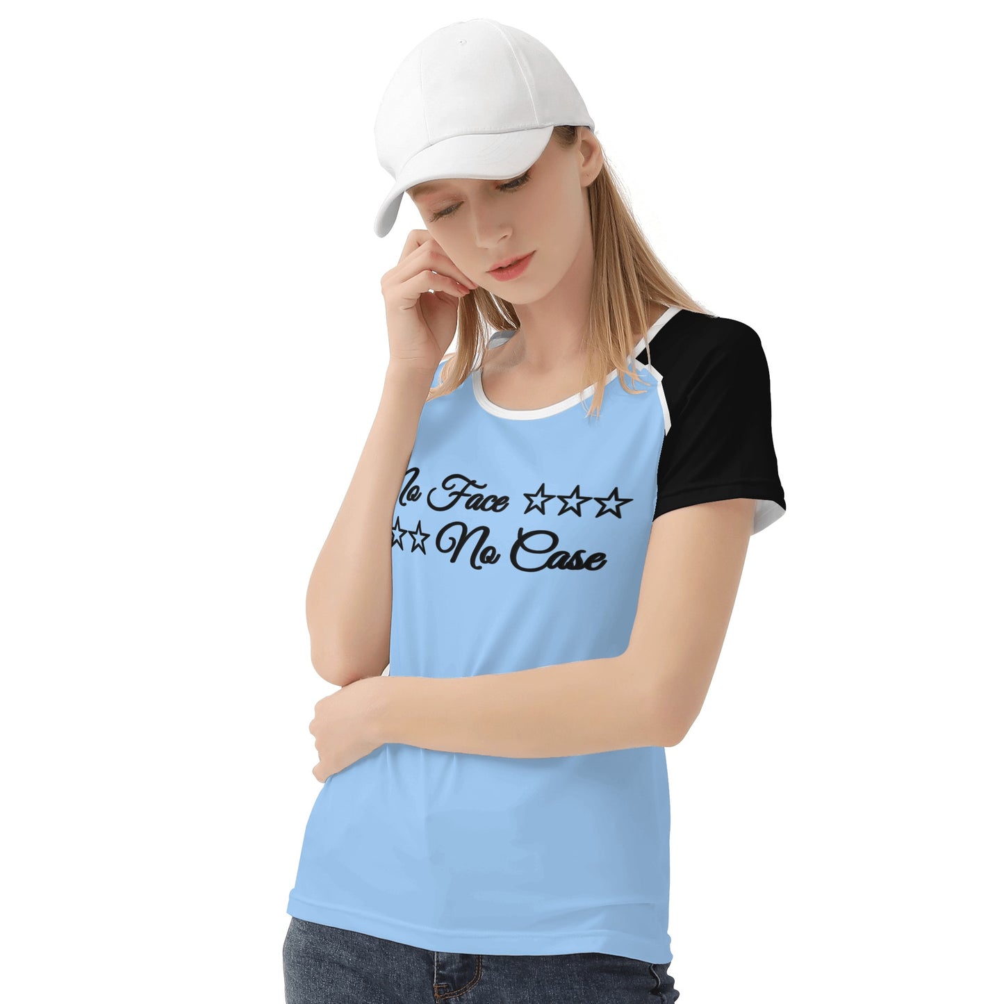 No Face, No Case Sky Blue Womens T shirt