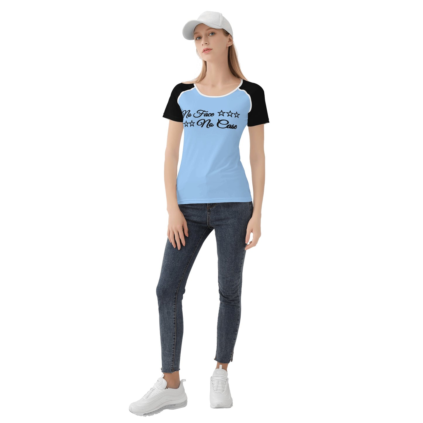 No Face, No Case Sky Blue Womens T shirt