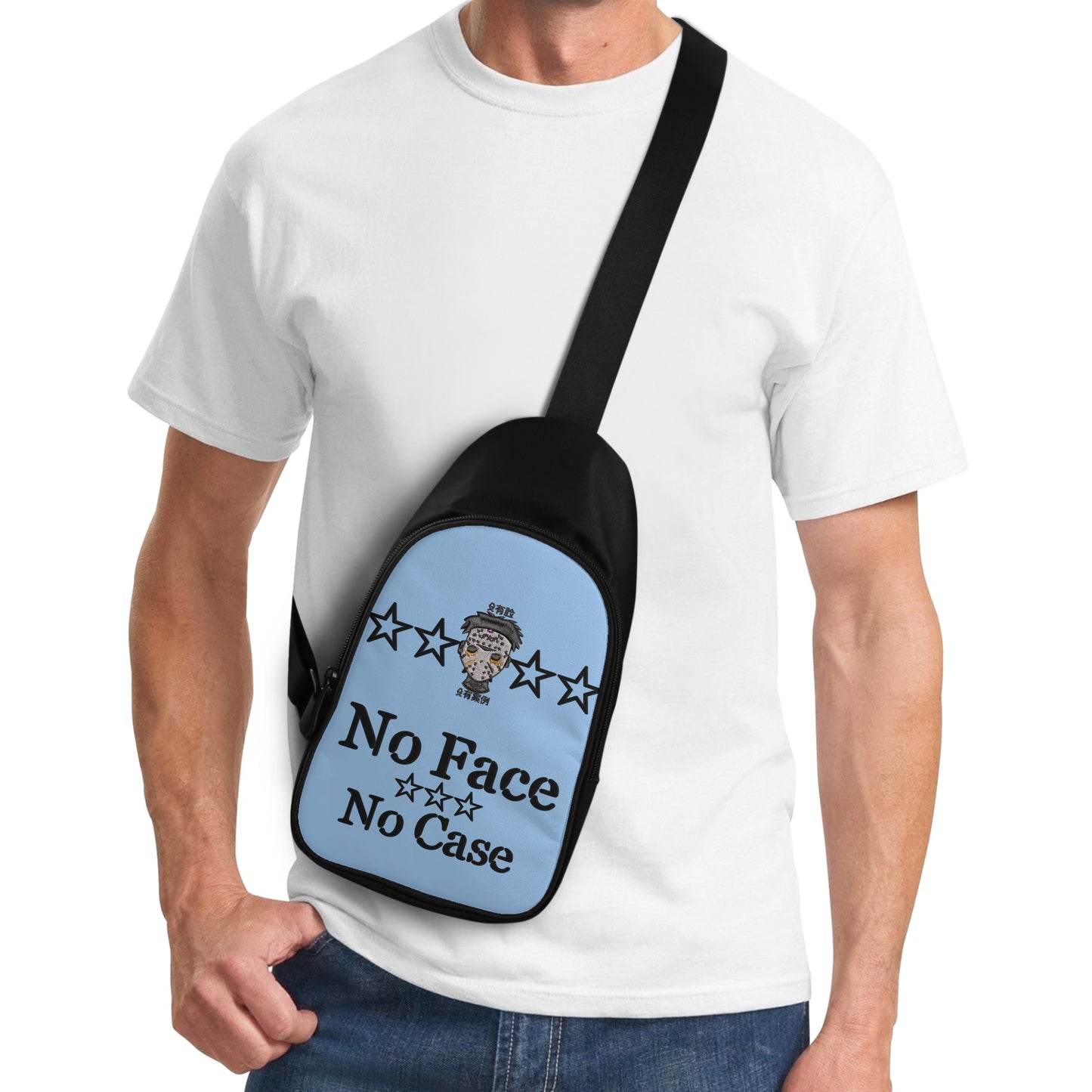 No Face, No Case Printed+Embroidered Sky Blue Chest Bags