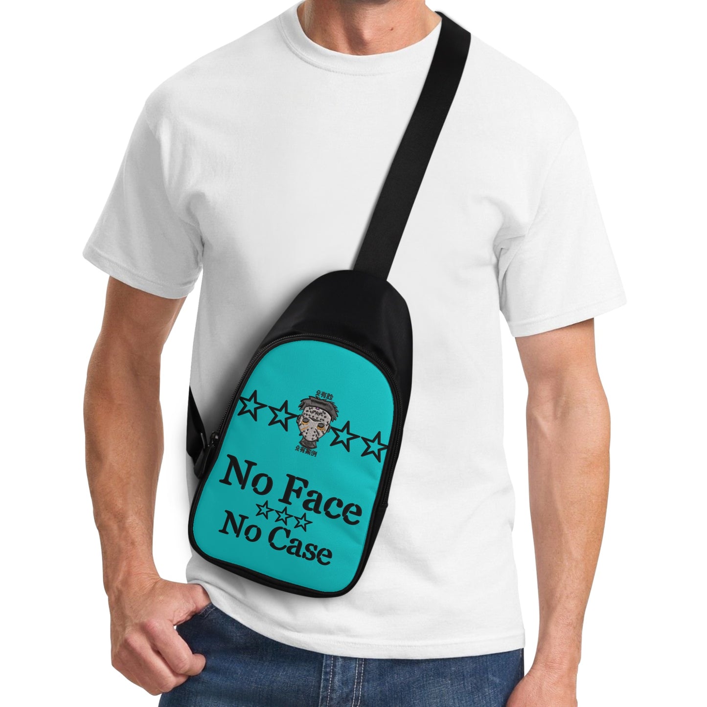 No Face, No Case Printed+Embroidered Turquoise Chest Bags