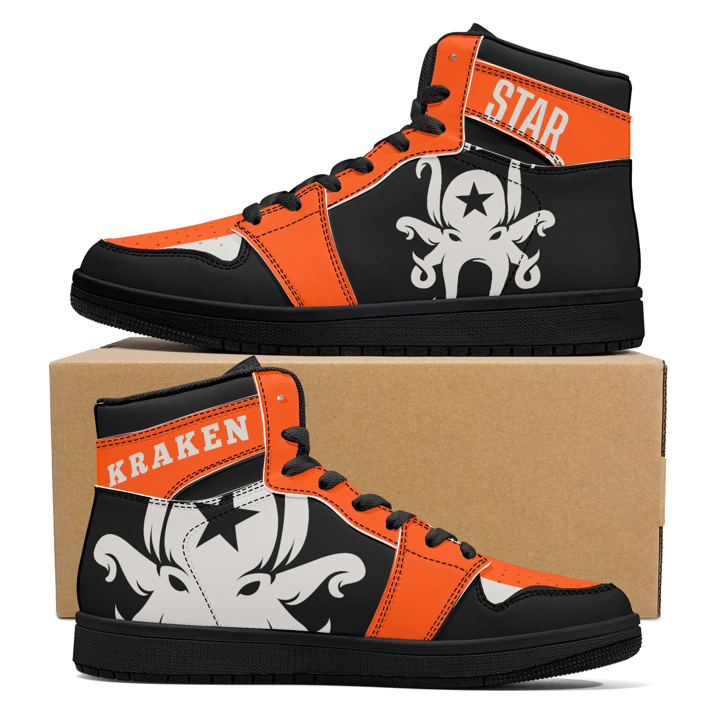 Star Kraken Mens Black/Orange High Top Leather Star Kicks