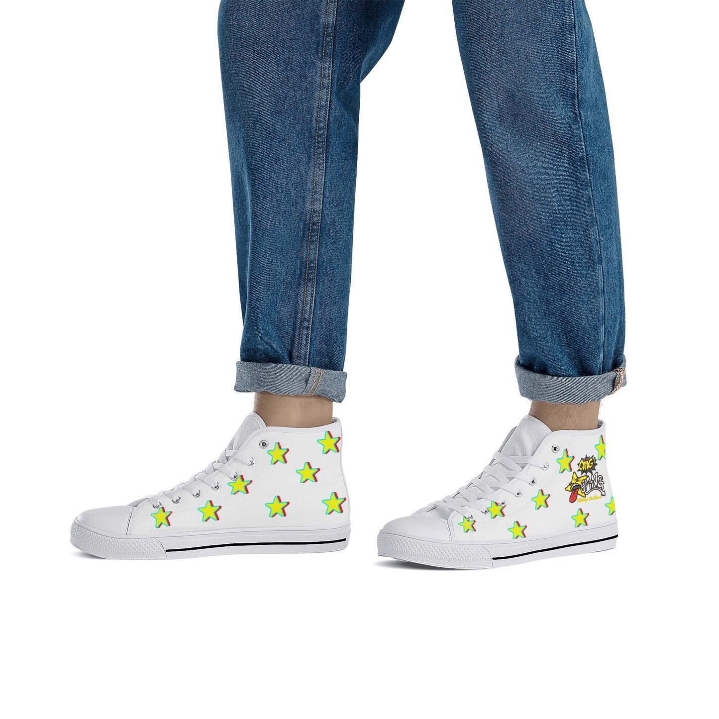 Star Gang Mens White Embroidered High Top Star Kicks