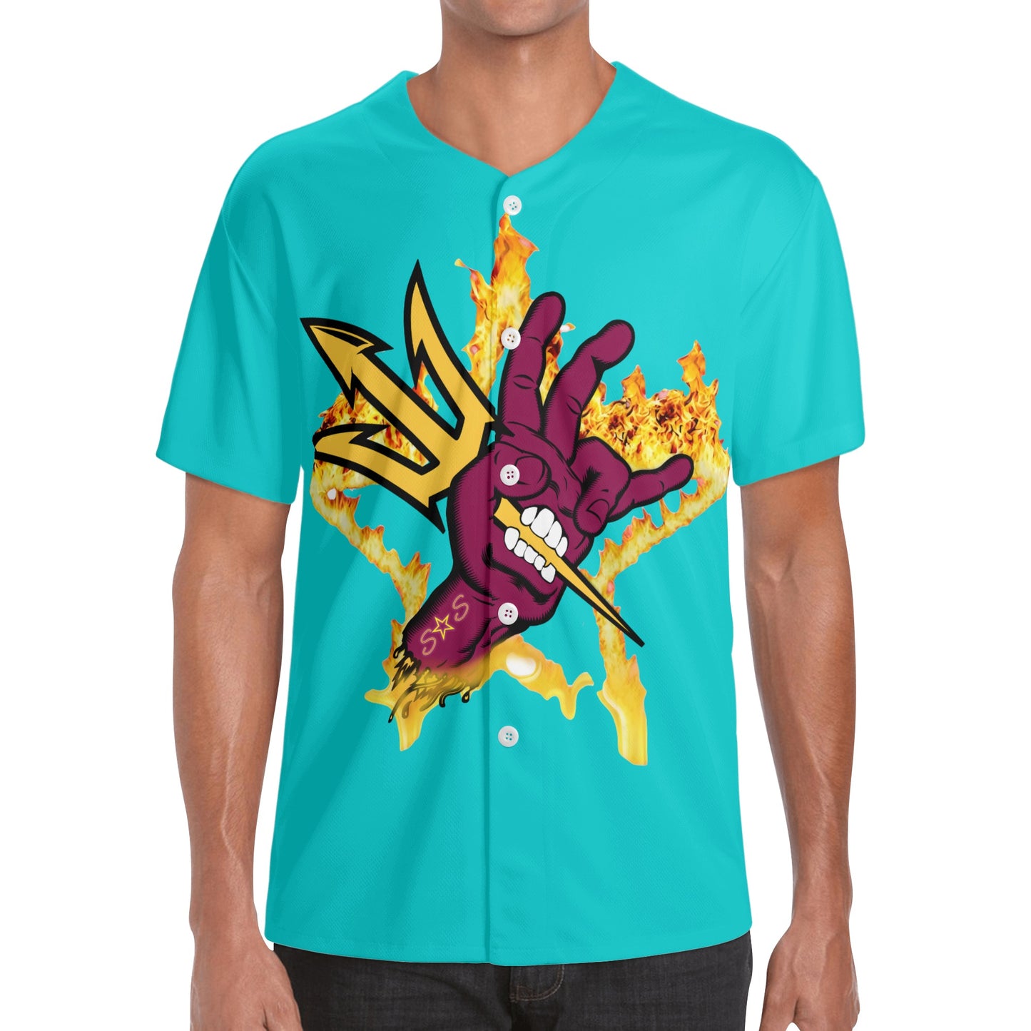 Sun Devil Forks Up  Edition Mens Turquoise Short Sleeve Baseball Jersey