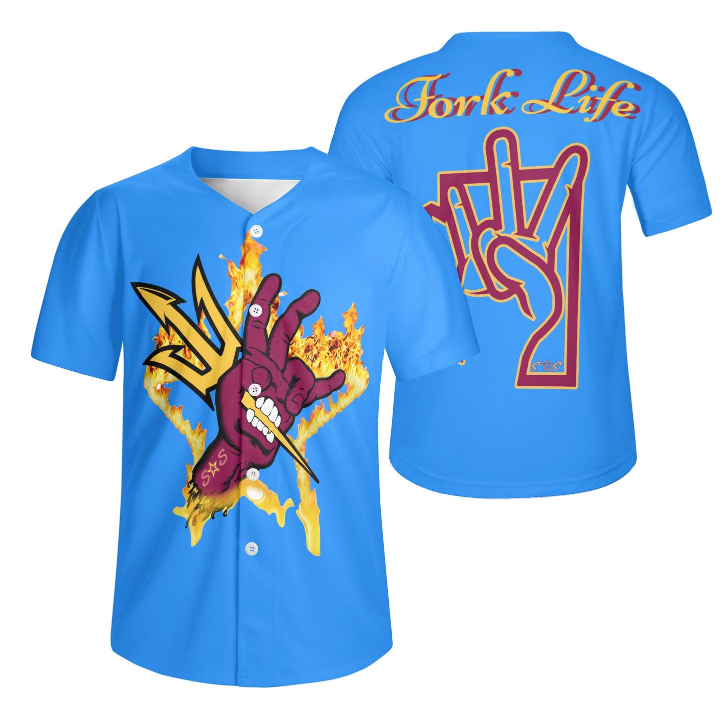 Sun Devil Forks Up  Edition Mens Blue Short Sleeve Baseball Jersey