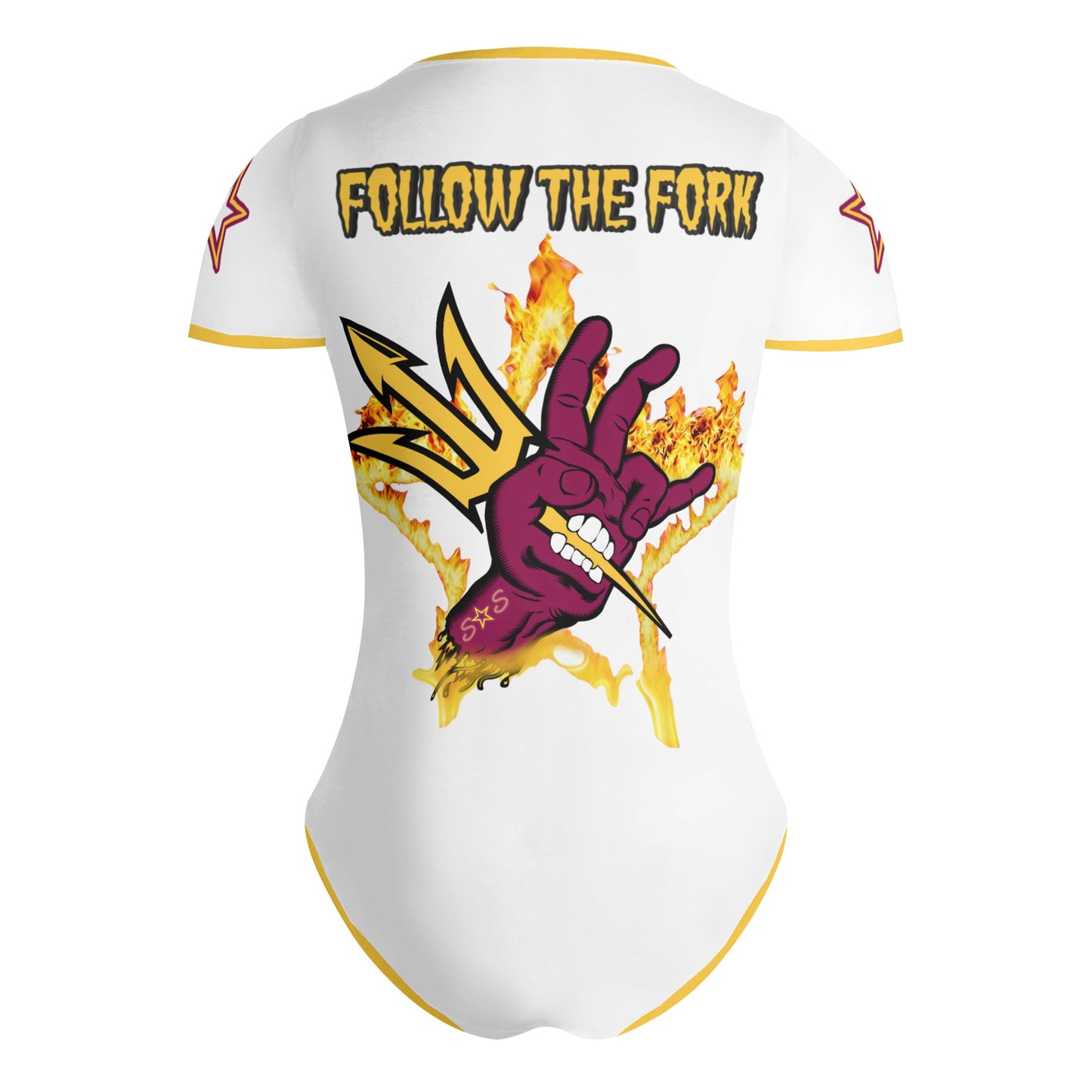 Sun Devil Follow The Fork White/Gold Edition Womens Soft Short Sleeve Bodysuit