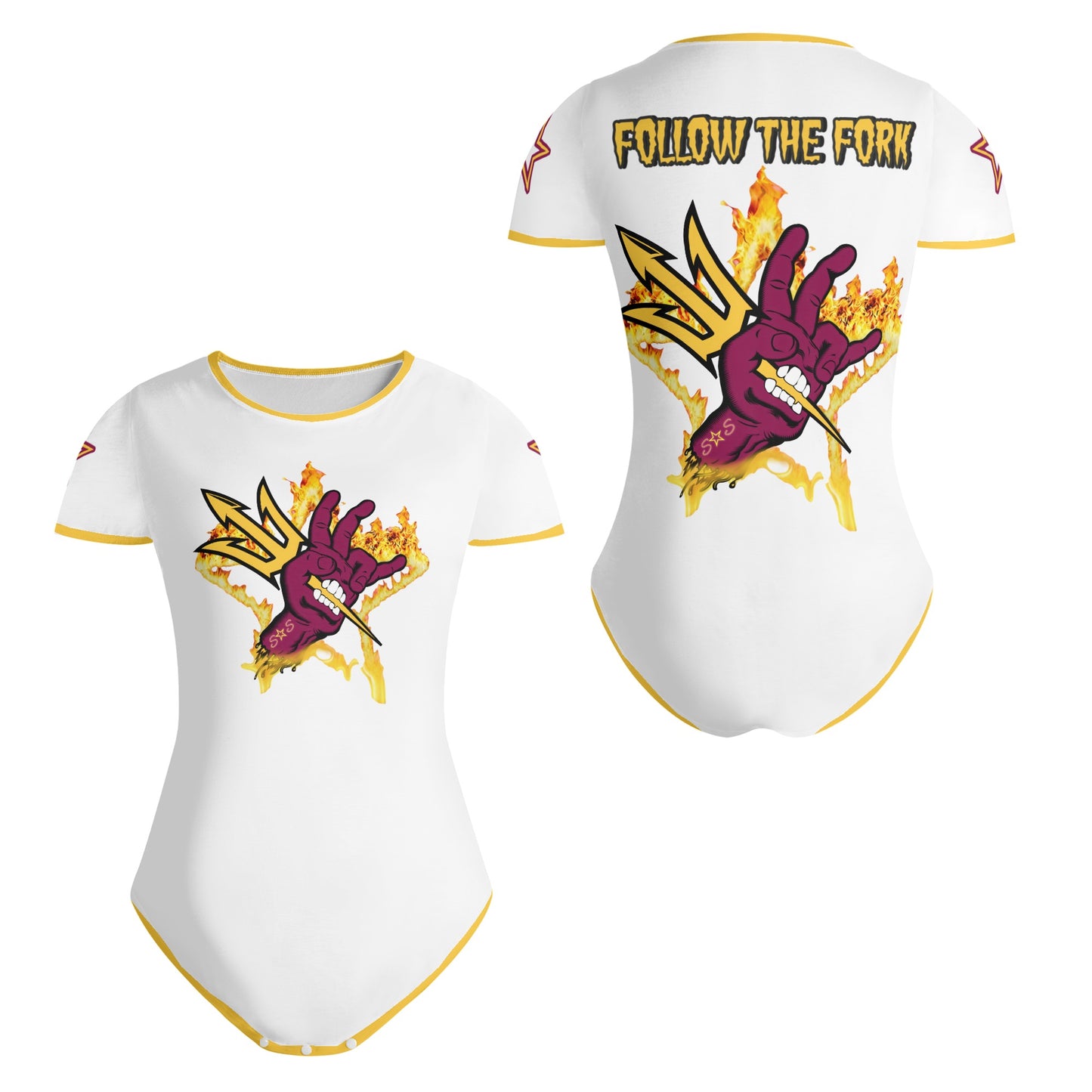 Sun Devil Follow The Fork White/Gold Edition Womens Soft Short Sleeve Bodysuit