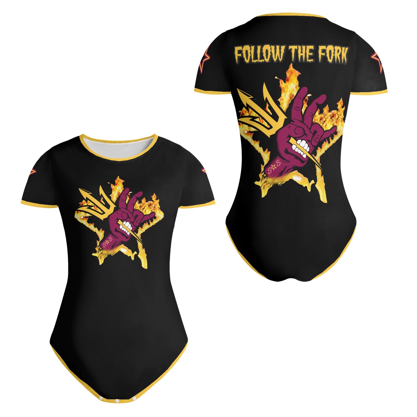 Sun Devil Follow The Fork Black/Gold Edition Womens Soft Short Sleeve Bodysuit