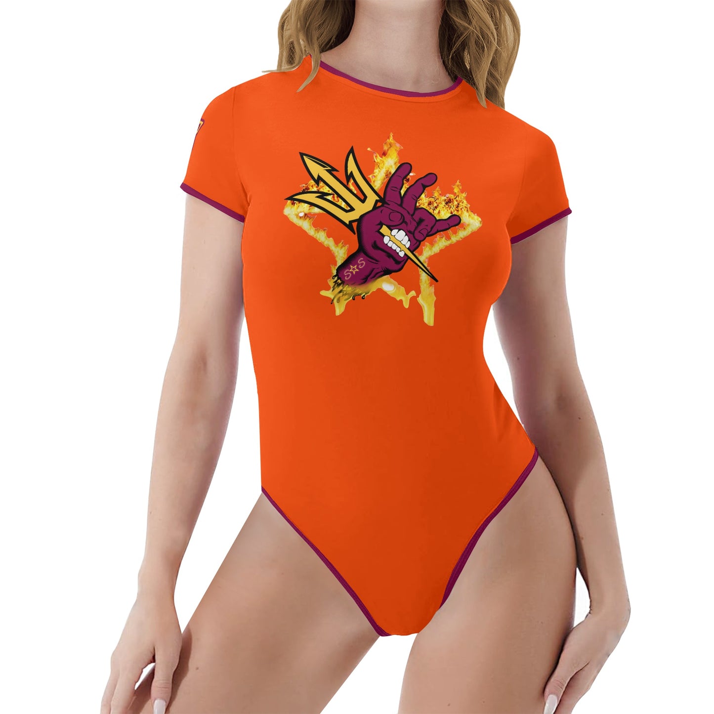 Sun Devil Follow The Fork DarkOrange/Maroon Edition Womens Soft Short Sleeve Bodysuit