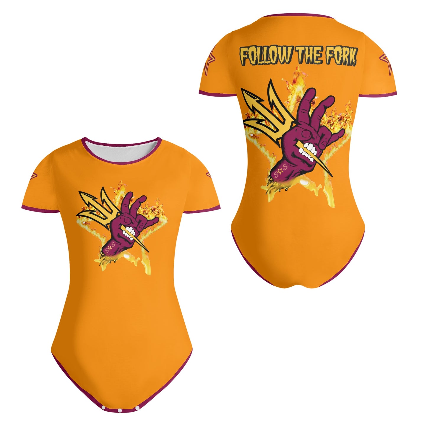 Sun Devil Follow The Fork Orange/Maroon Edition Womens Soft Short Sleeve Bodysuit