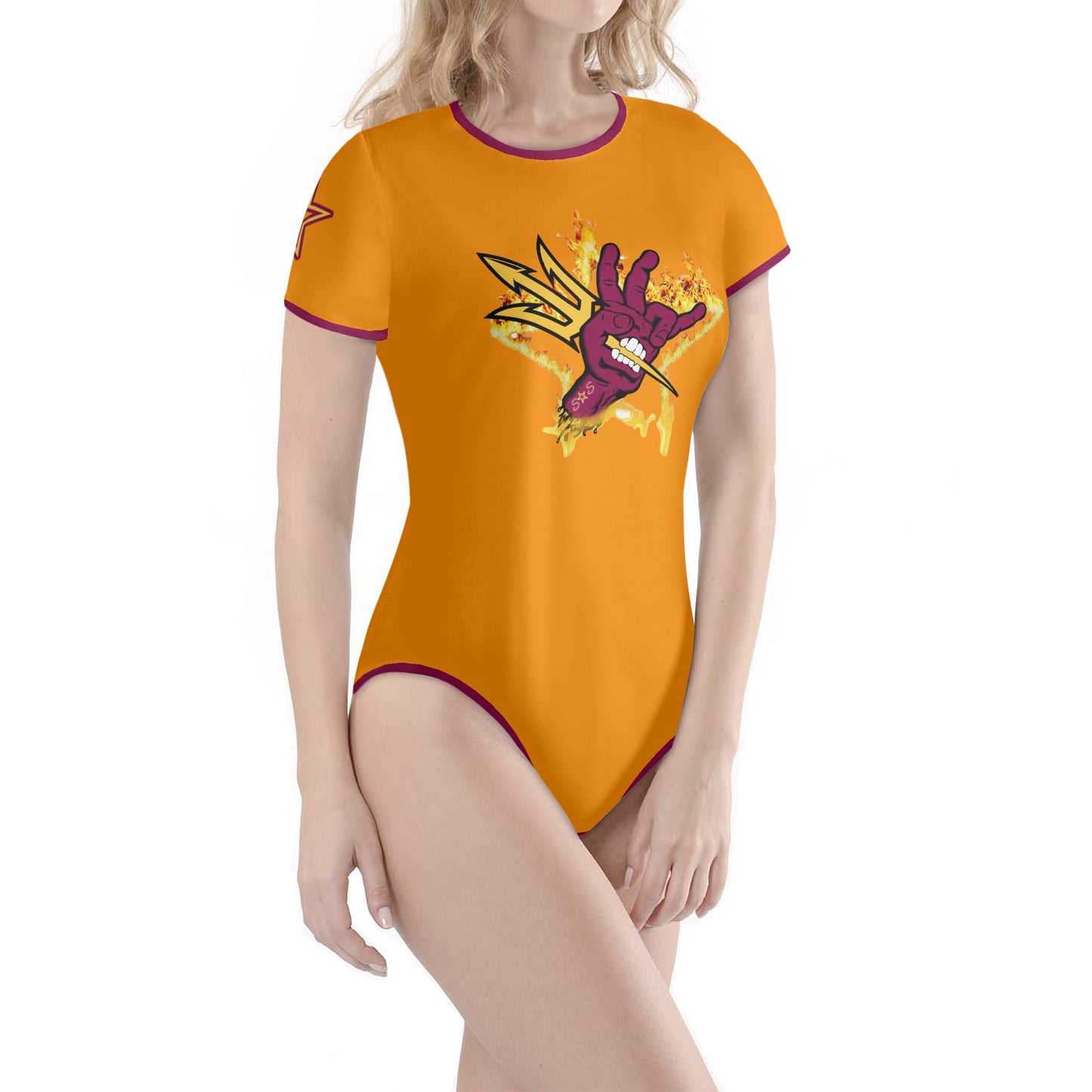 Sun Devil Follow The Fork Orange/Maroon Edition Womens Soft Short Sleeve Bodysuit